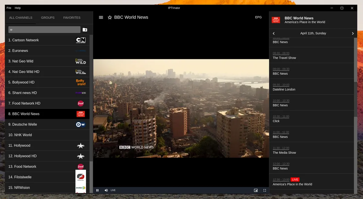 IPTVnator application interface showing dark theme with channel list and video player