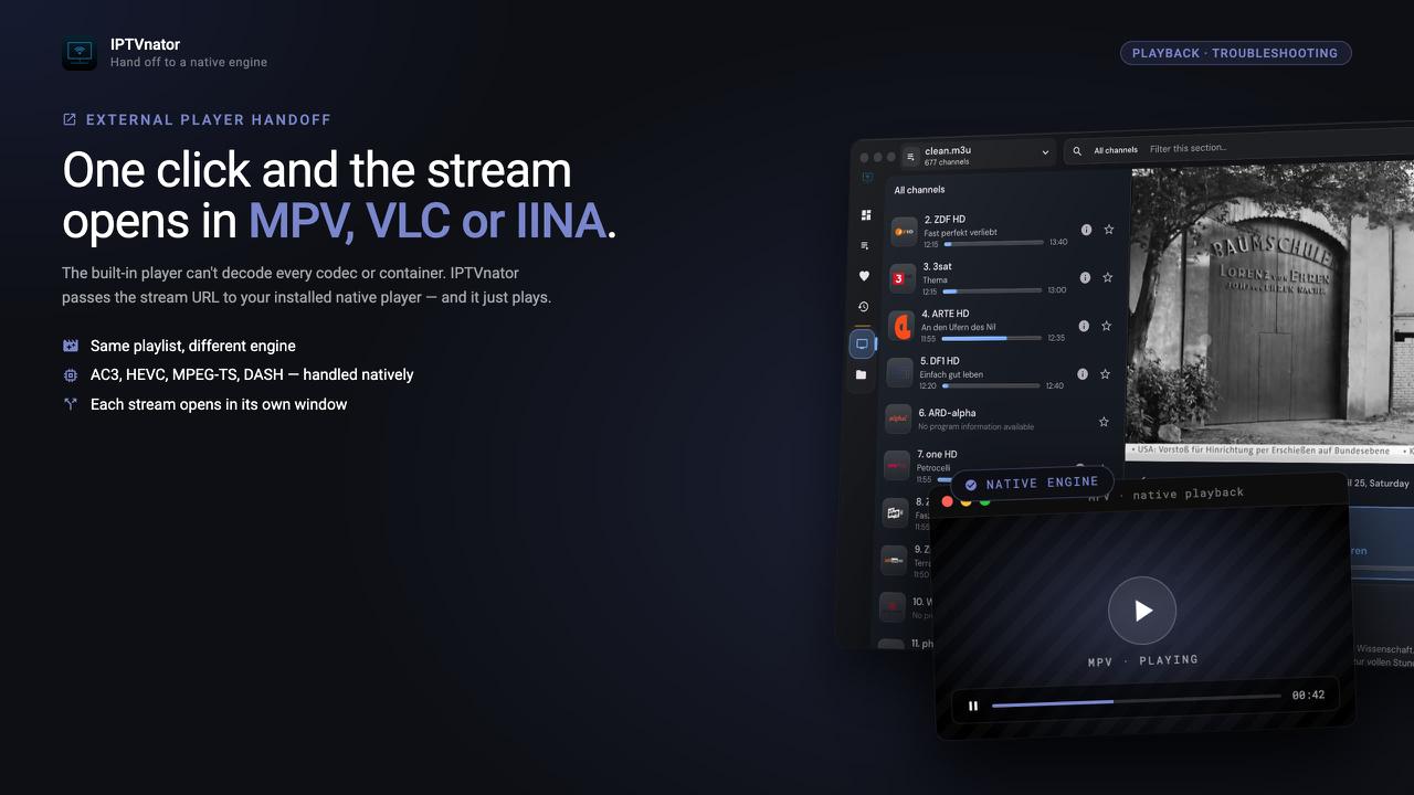 IPTVnator external player handoff showing a stream opened in MPV, VLC, or IINA