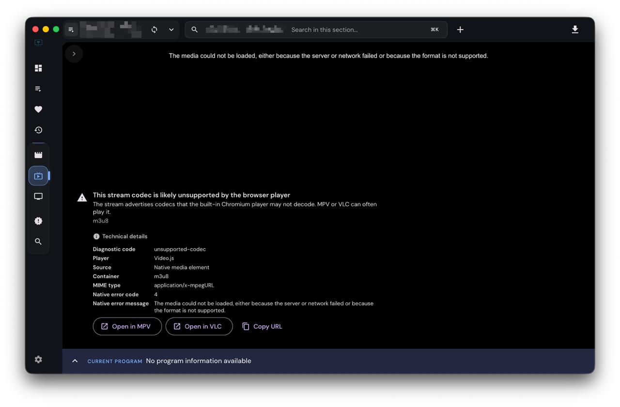 IPTVnator playback diagnostics explaining an unsupported codec and offering MPV or VLC actions