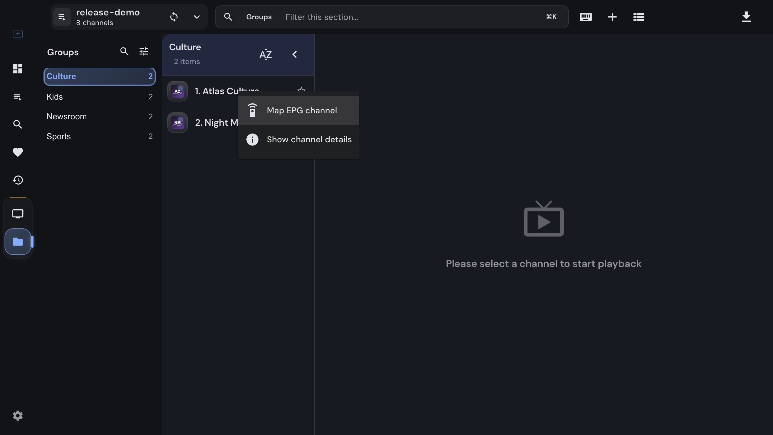 Channel context menu with the Map EPG channel entry
