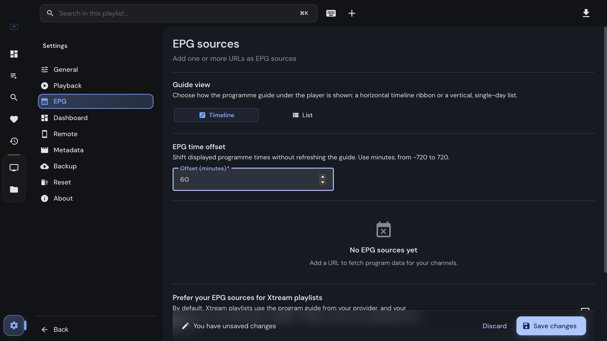Settings with the EPG time offset field set to sixty minutes