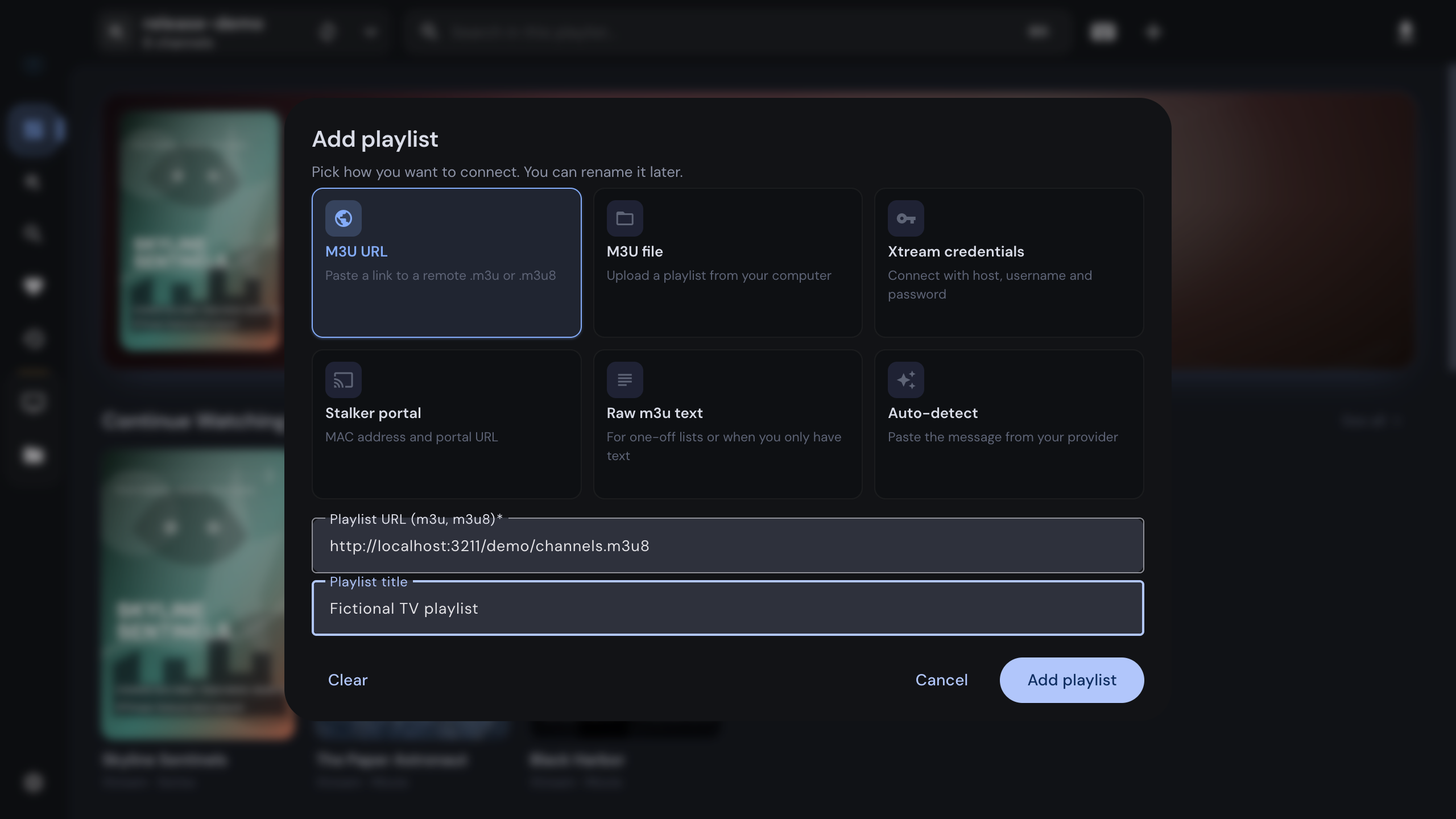 Add playlist dialog with the M3U URL method selected and a playlist address filled in