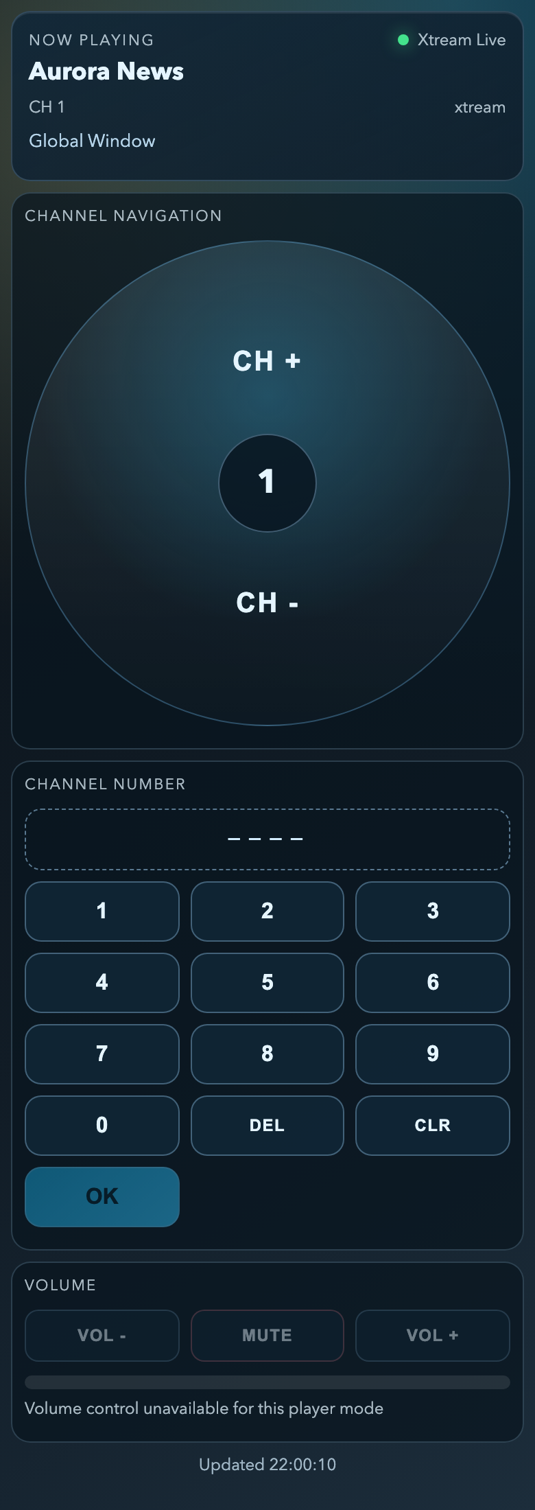 The remote on a phone: a now-playing card with the channel and current program, channel up and down, a number pad and volume