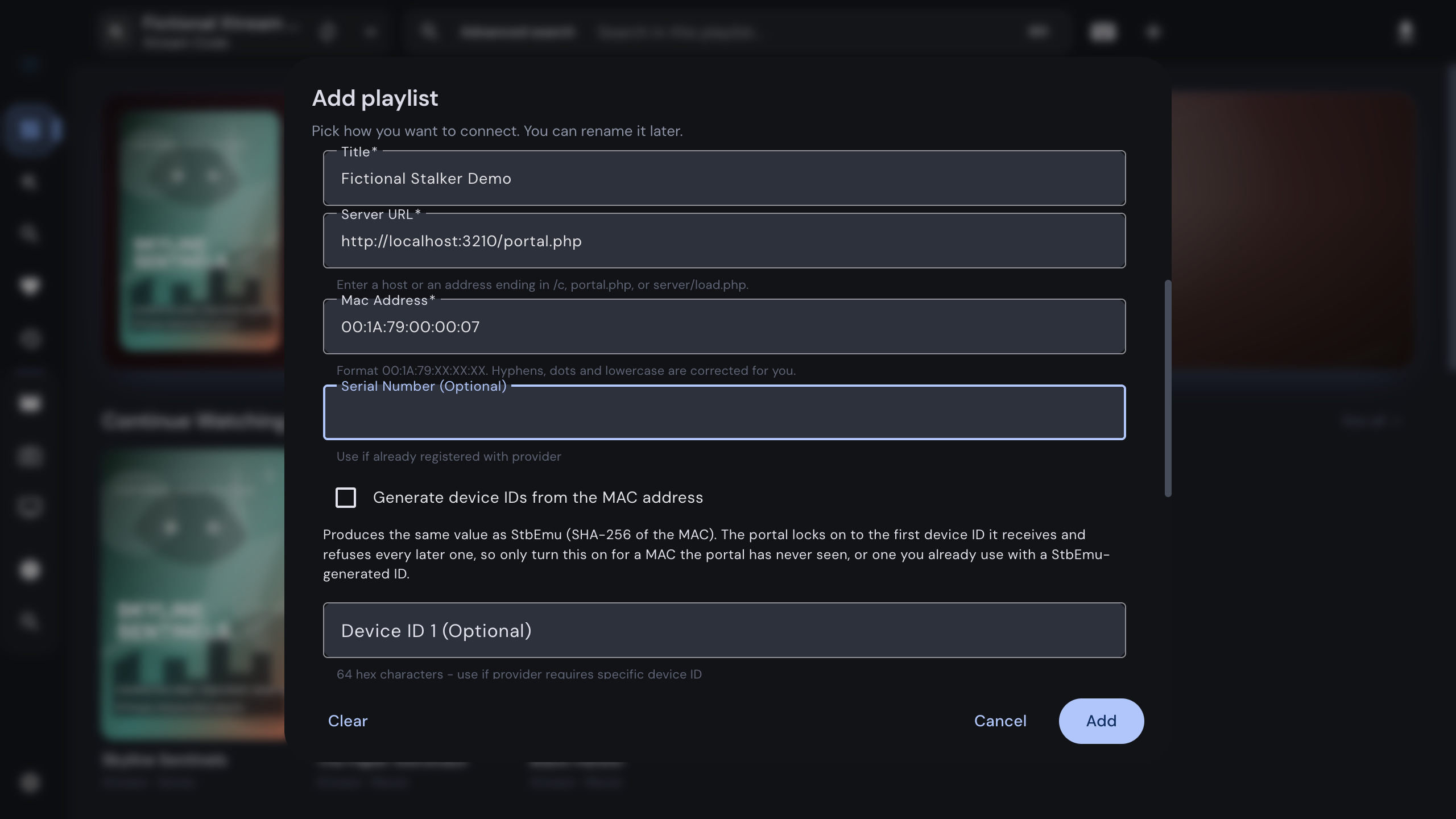 Add playlist dialog with the Stalker portal method, a portal URL and a MAC address