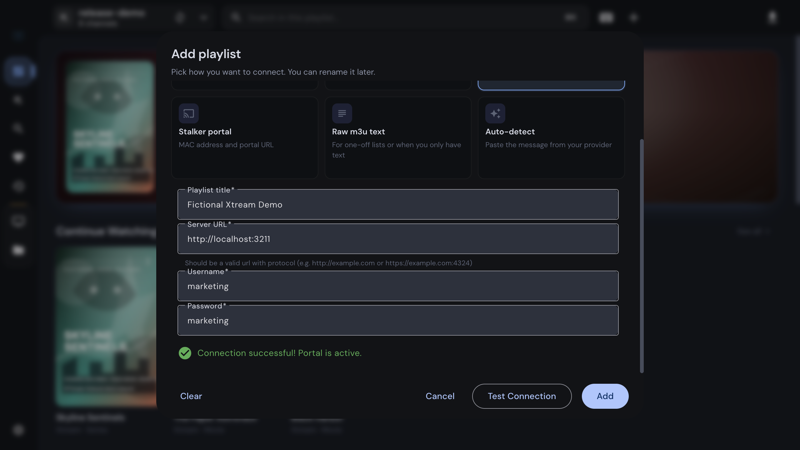 Add playlist dialog with the Xtream credentials method selected and a successful connection test