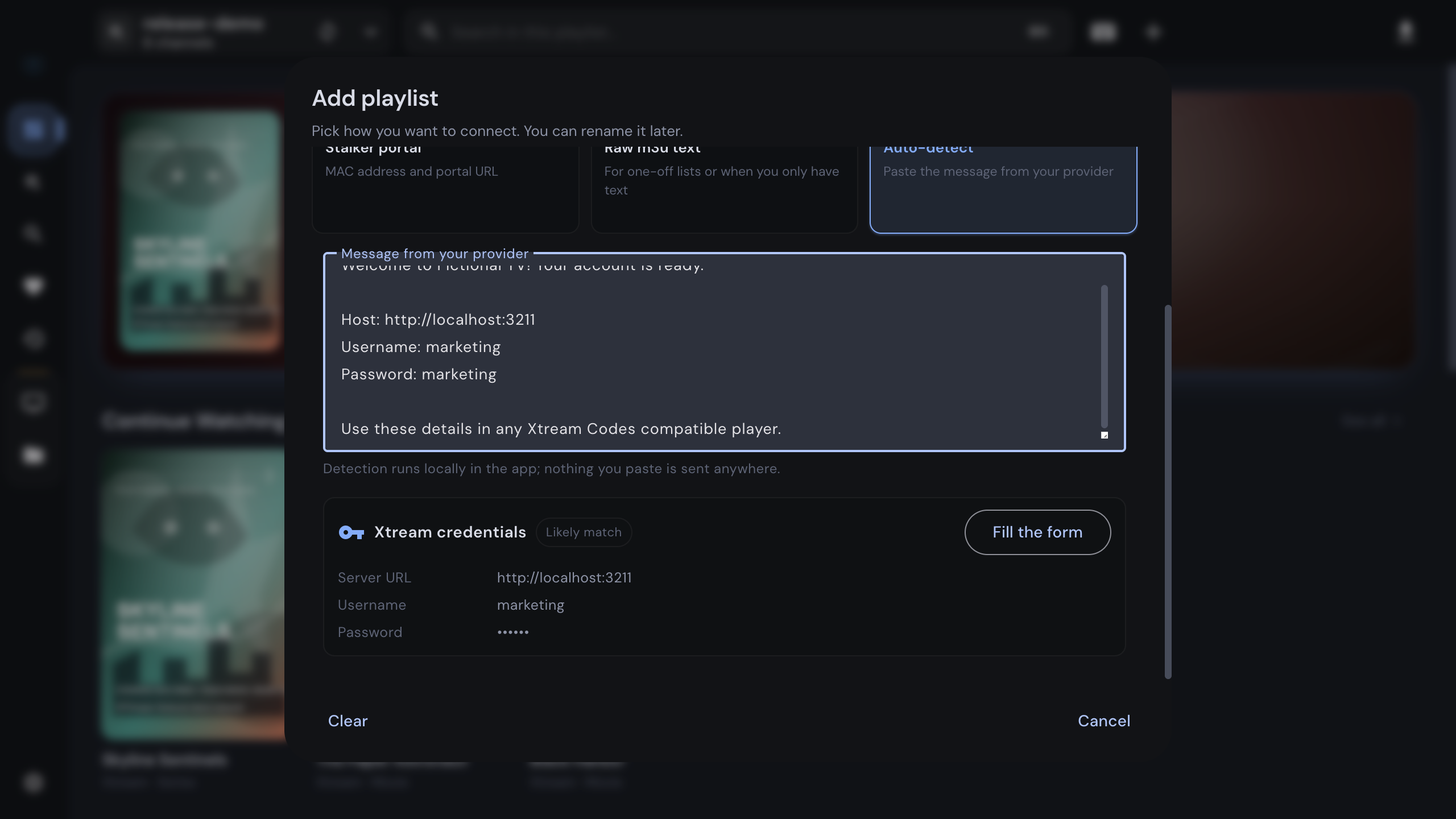 Auto-detect method with a pasted provider message and a recognized Xtream account