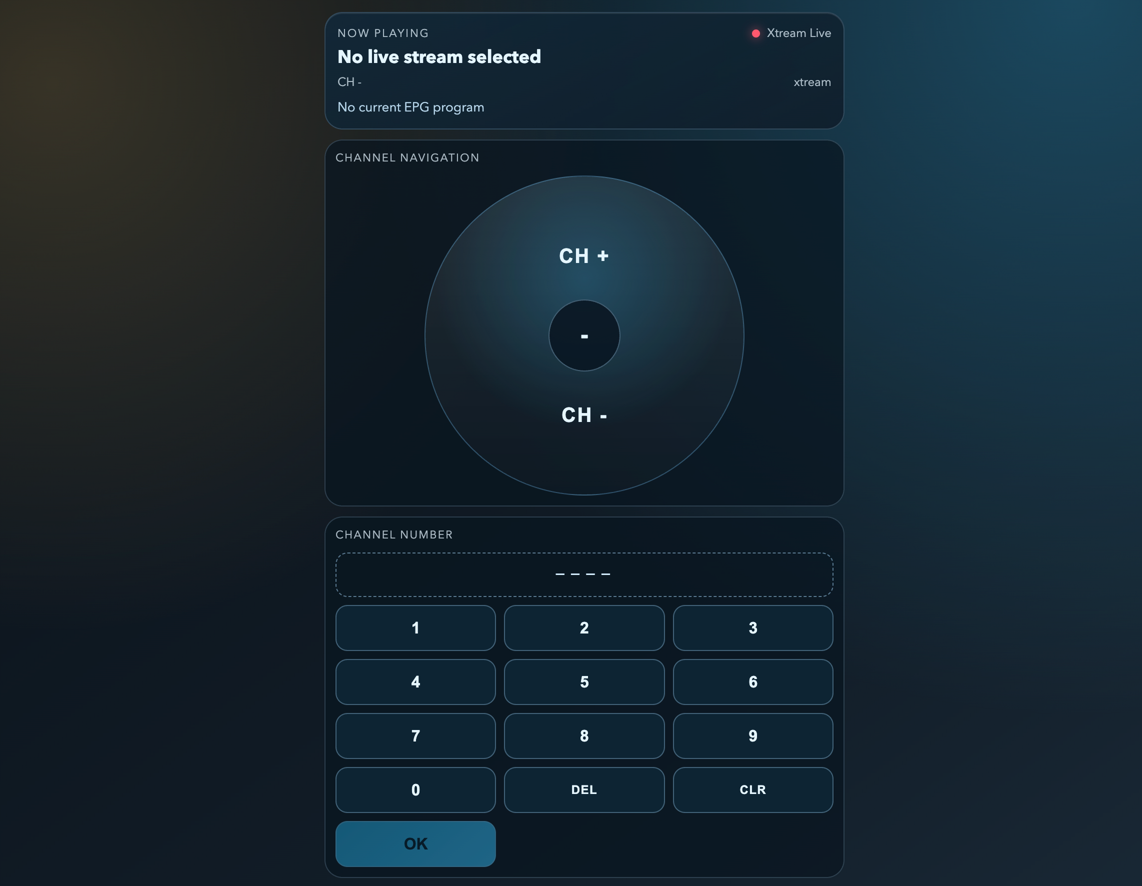 Remote control screen with channel controls and numeric keypad