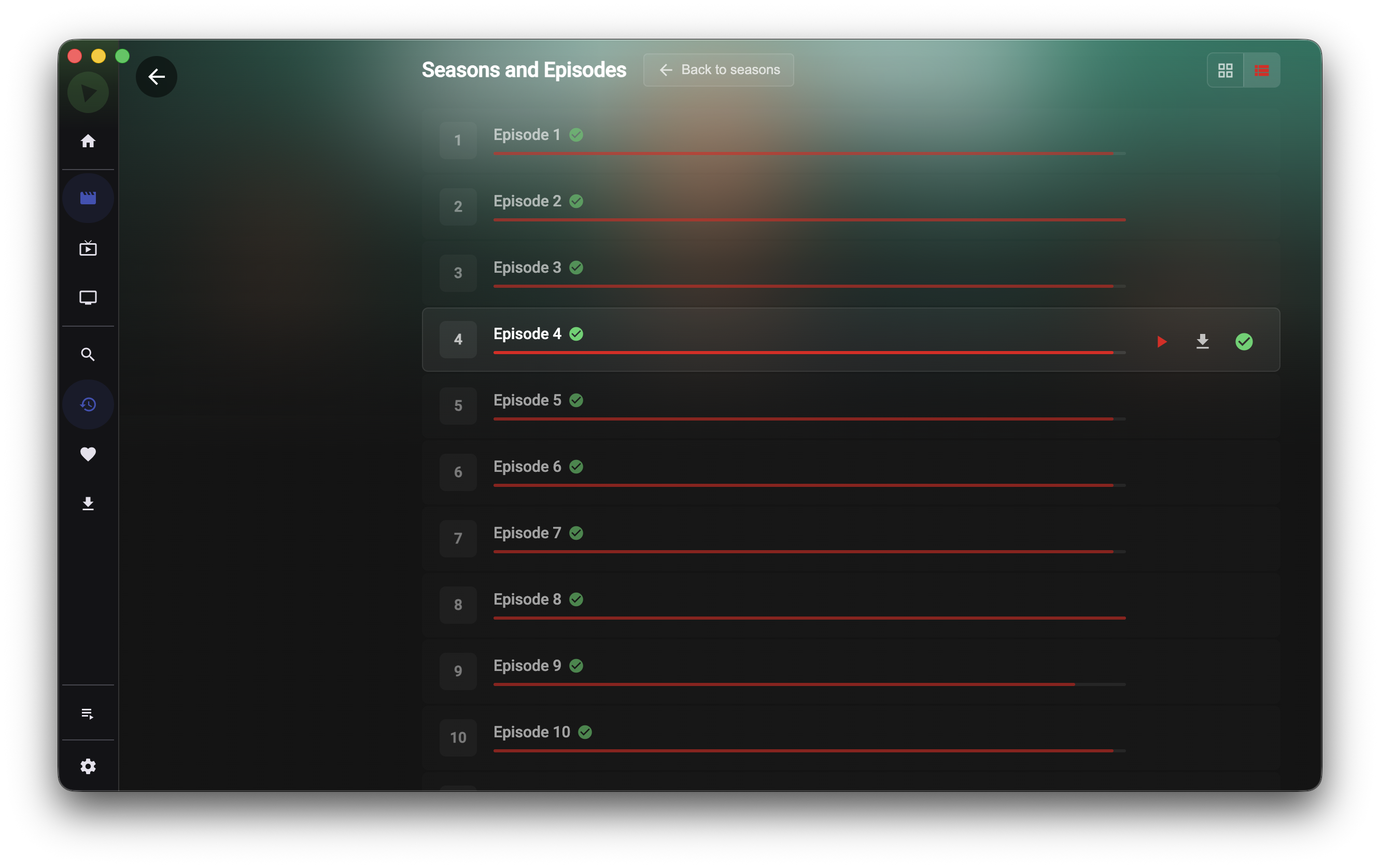 Series episodes view with progress indicators and actions