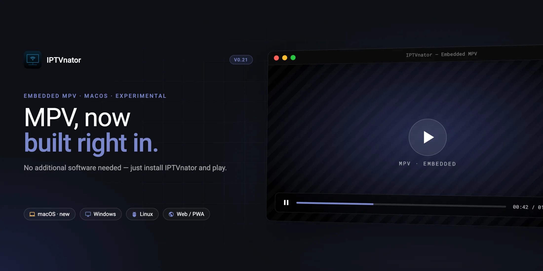 Embedded MPV player rendering inside the IPTVnator window on macOS