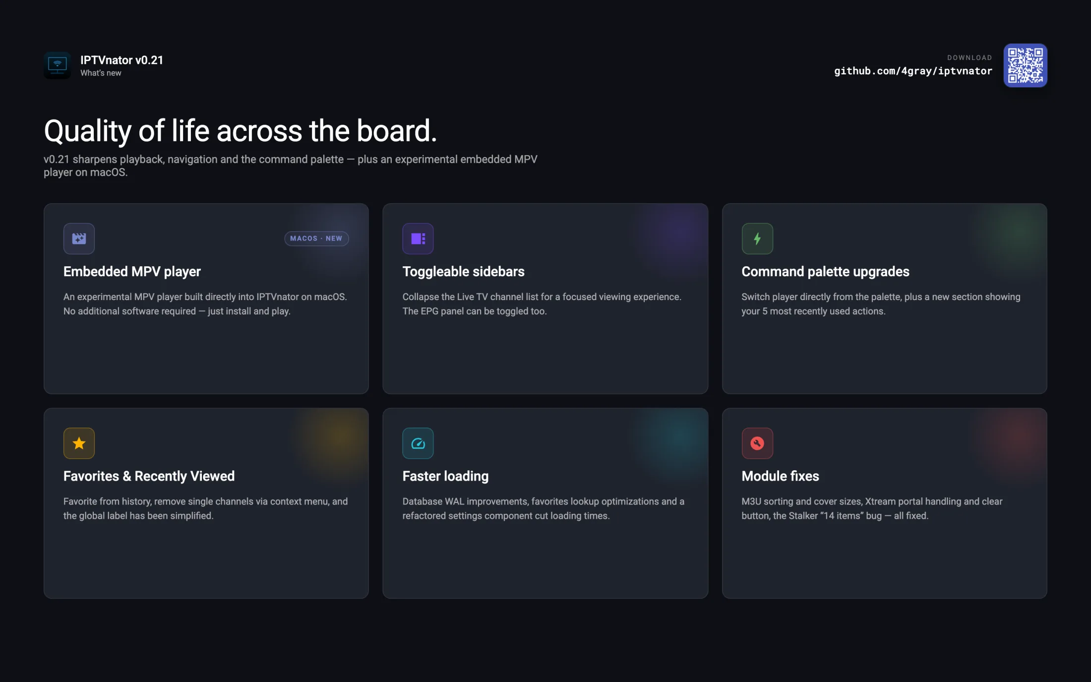 Feature mosaic for v0.21 — embedded MPV, toggleable sidebars, command palette, favorites, faster loading, module fixes