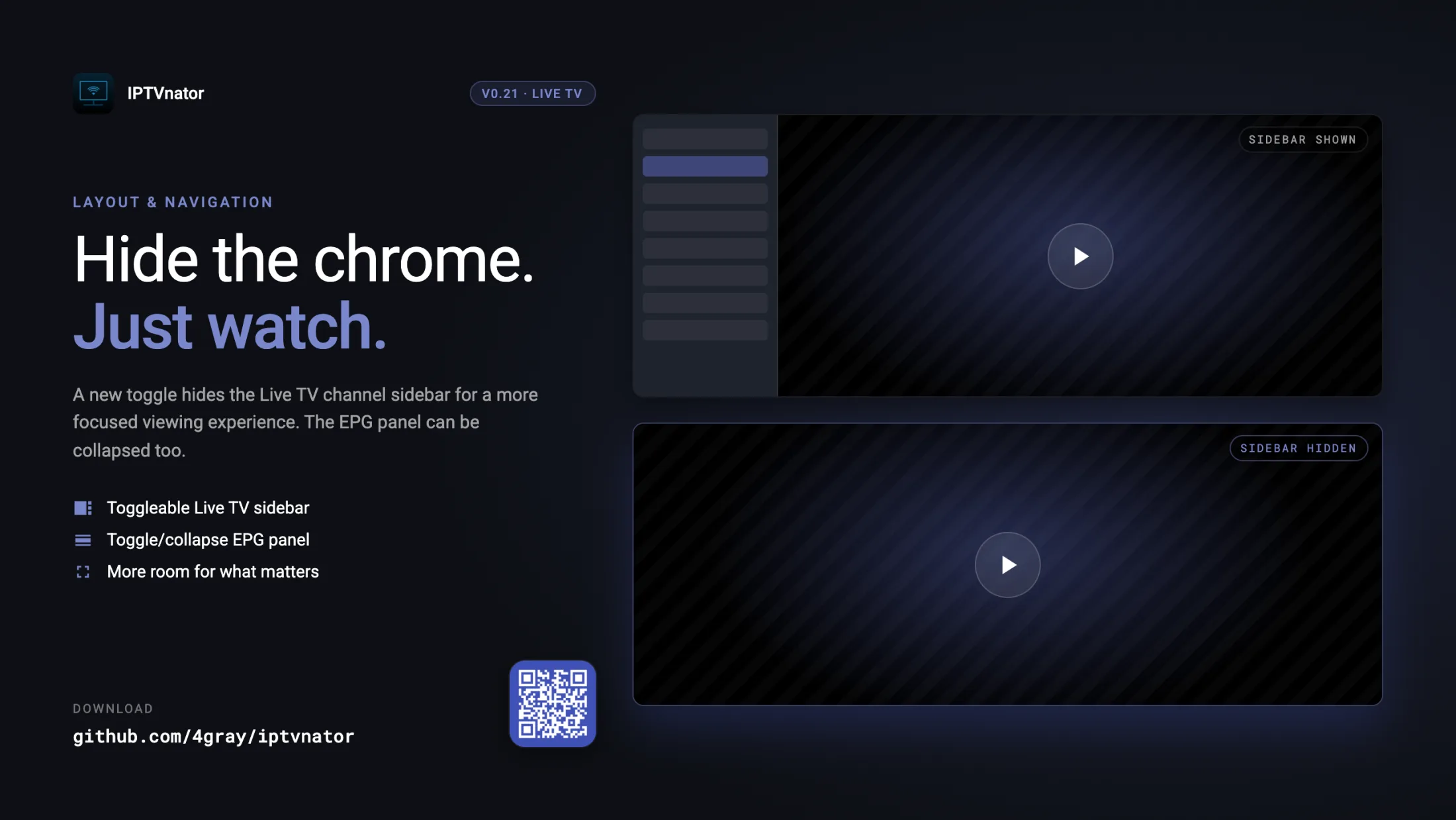 Live TV view with channel sidebar shown vs hidden