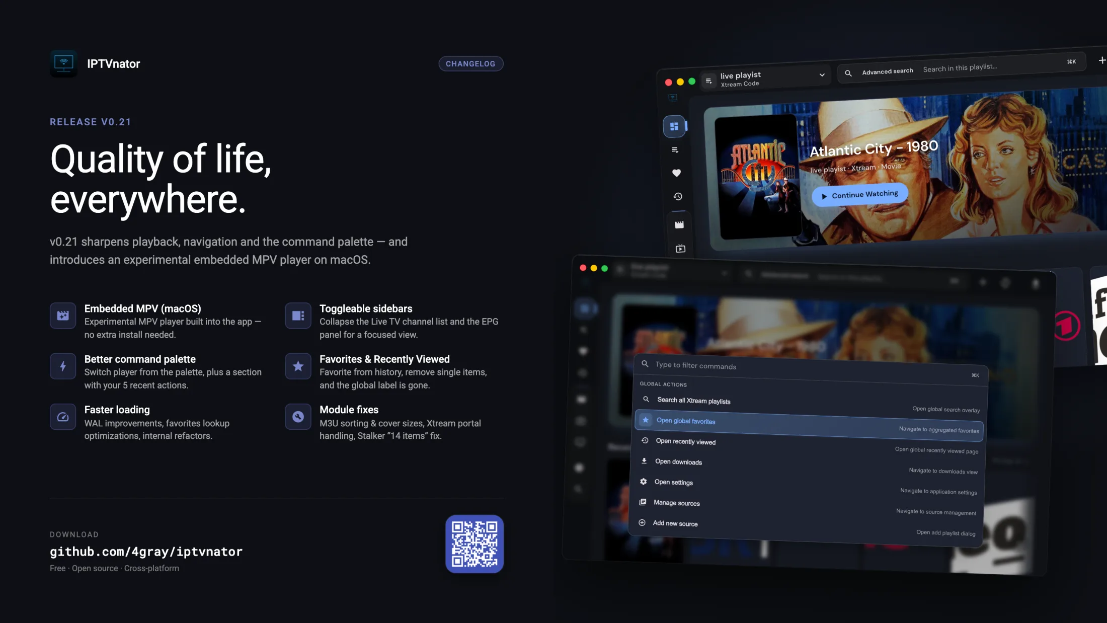 Wide changelog overview for v0.21 with dashboard and command palette