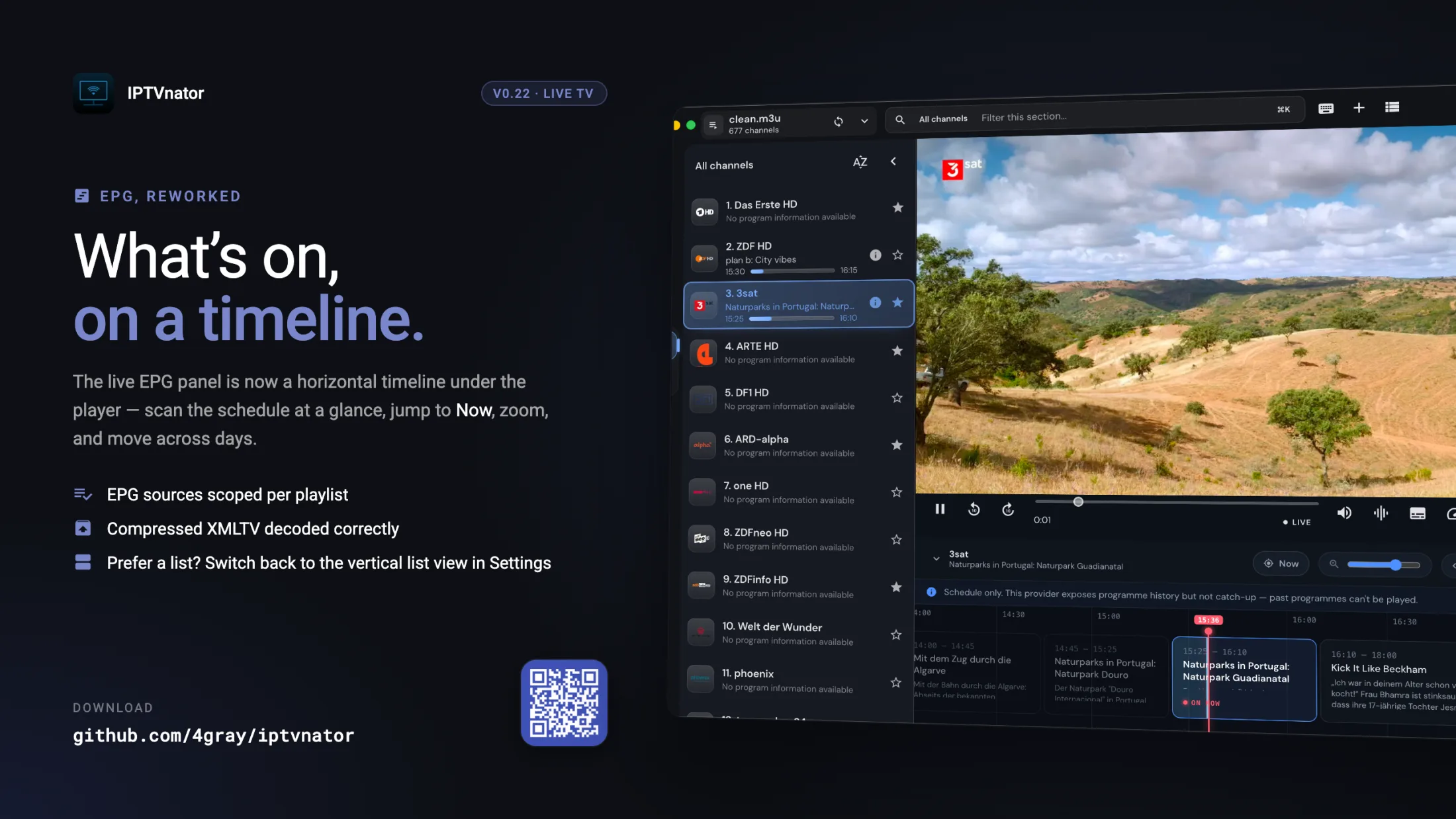 The reworked live EPG horizontal timeline under the player