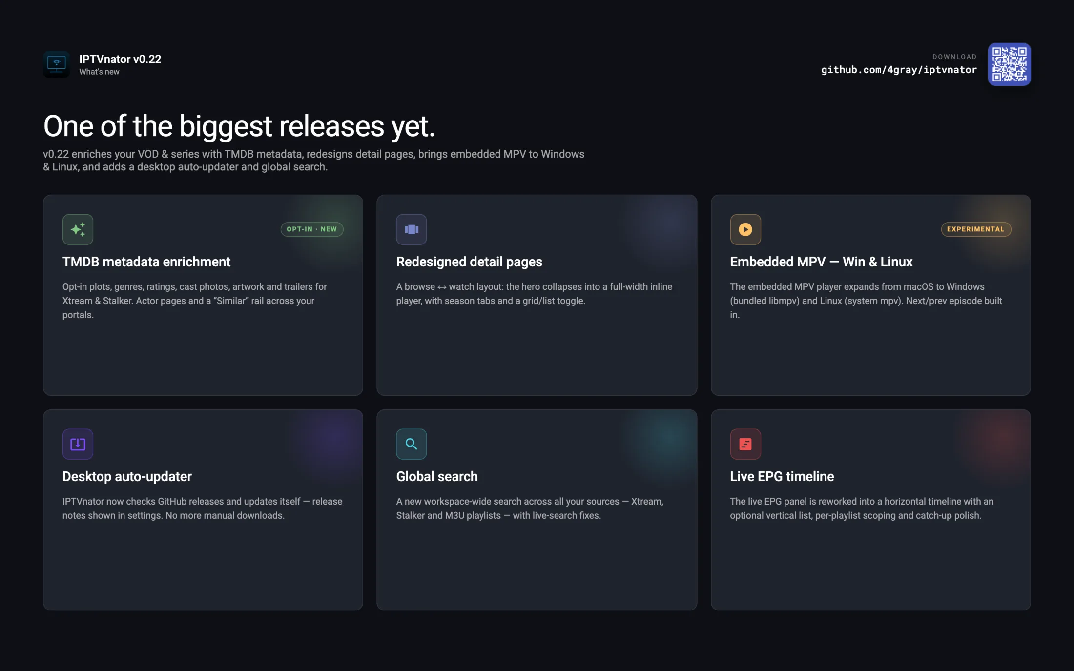 Feature mosaic for v0.22 — TMDB enrichment, redesigned detail pages, embedded MPV on Windows & Linux, auto-updater, global search, live EPG timeline