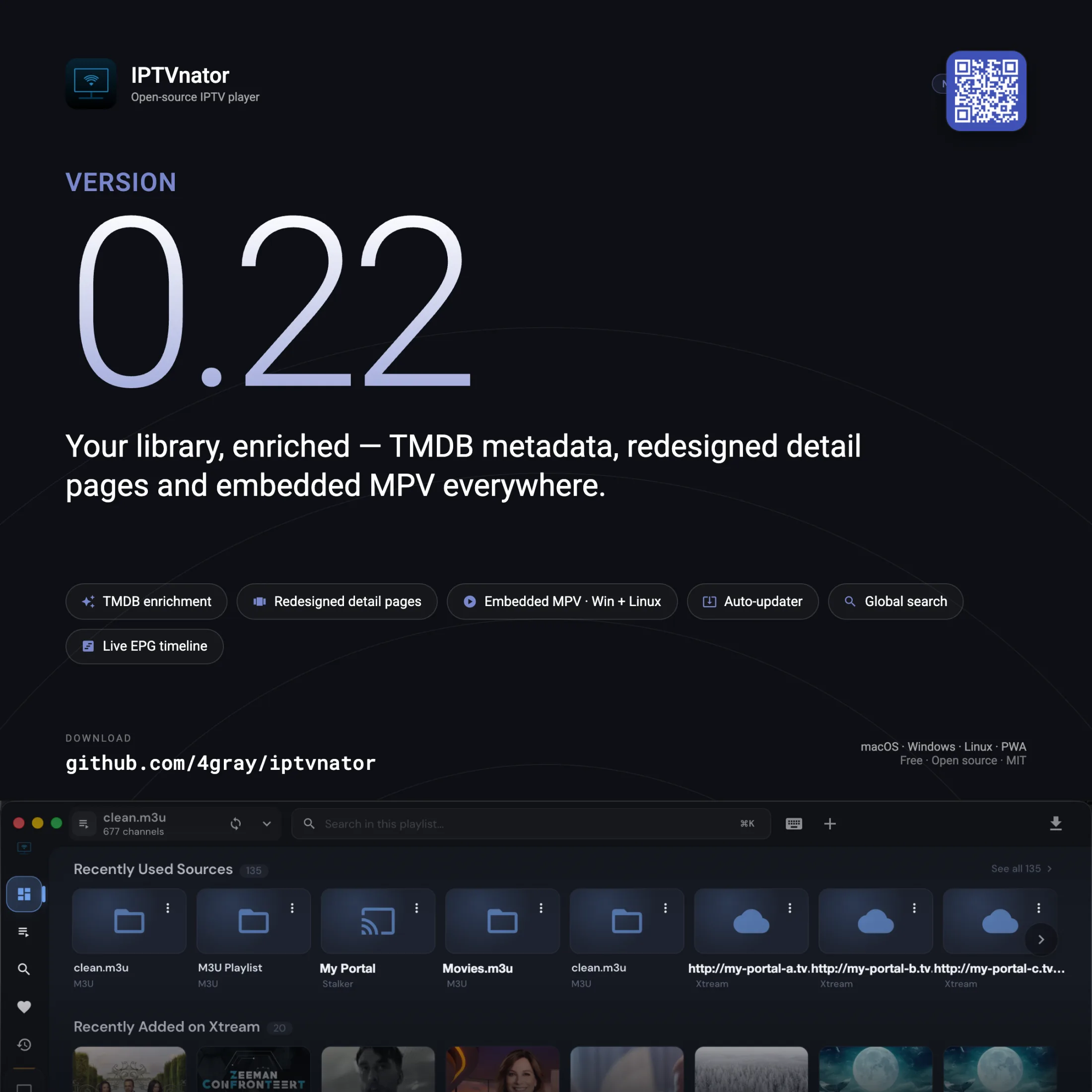 IPTVnator v0.22 version card with the dashboard