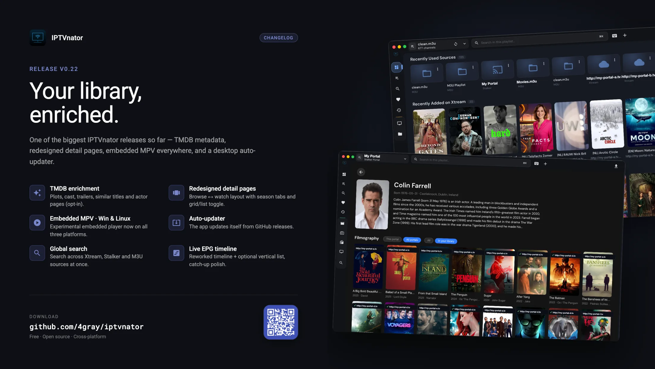 v0.22 overview showing the dashboard and a TMDB-enriched actor page