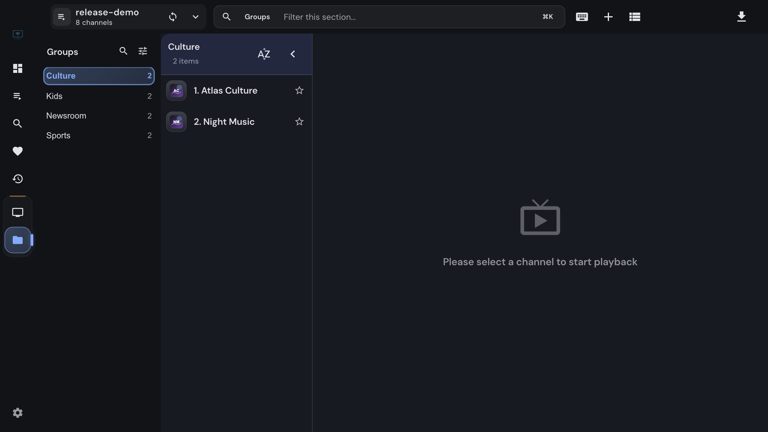 Live TV group view with the channel list beside the player