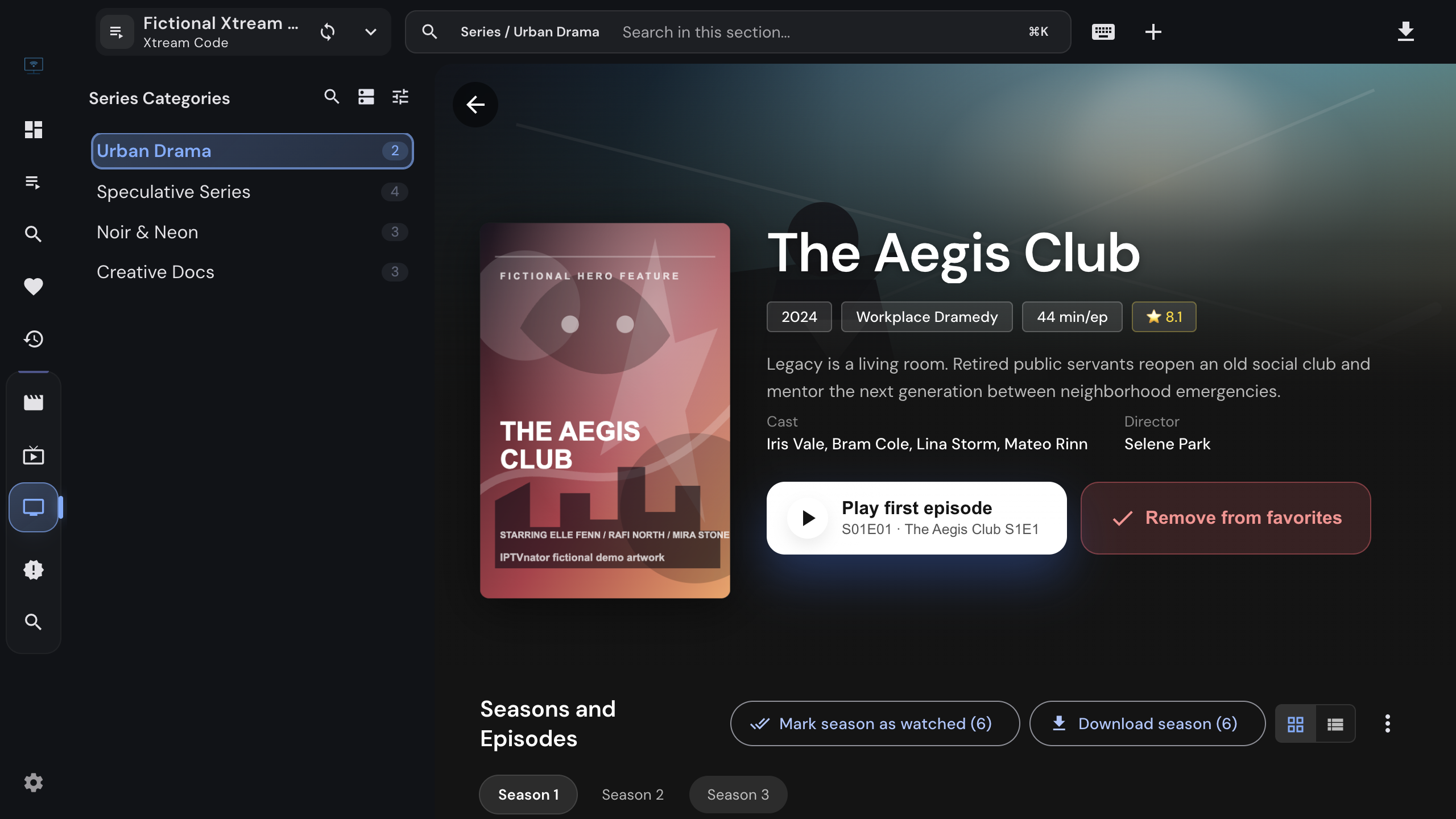 Series detail page with season tabs and episode list