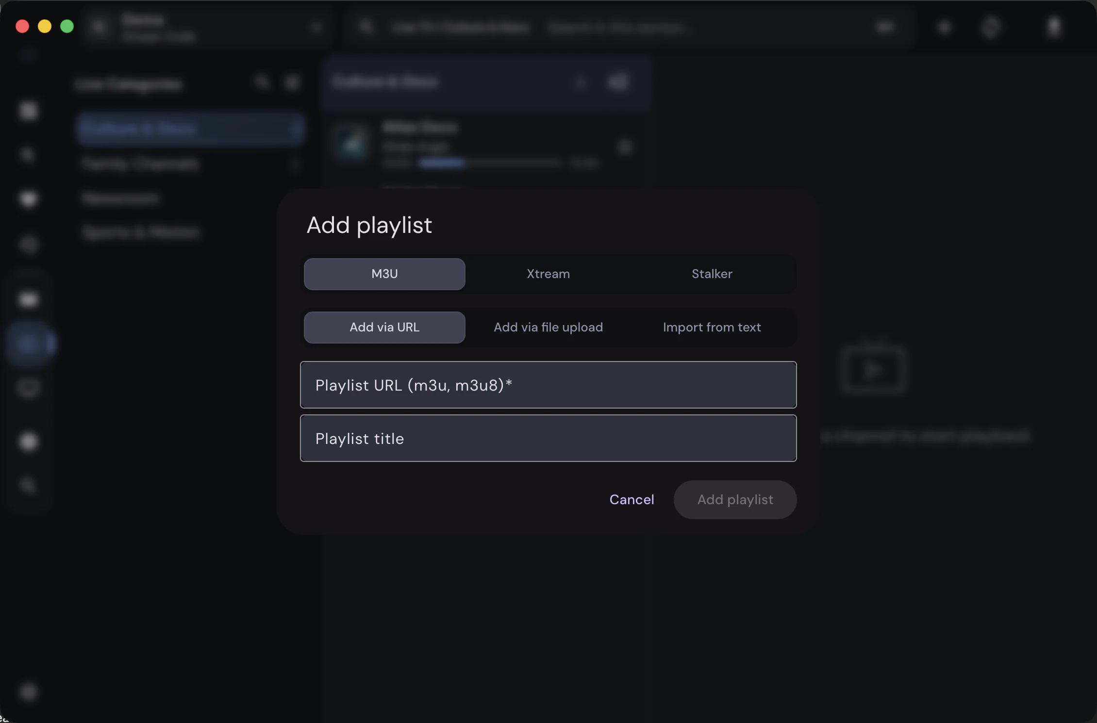 Unified add playlist dialog with M3U, Xtream, and Stalker tabs