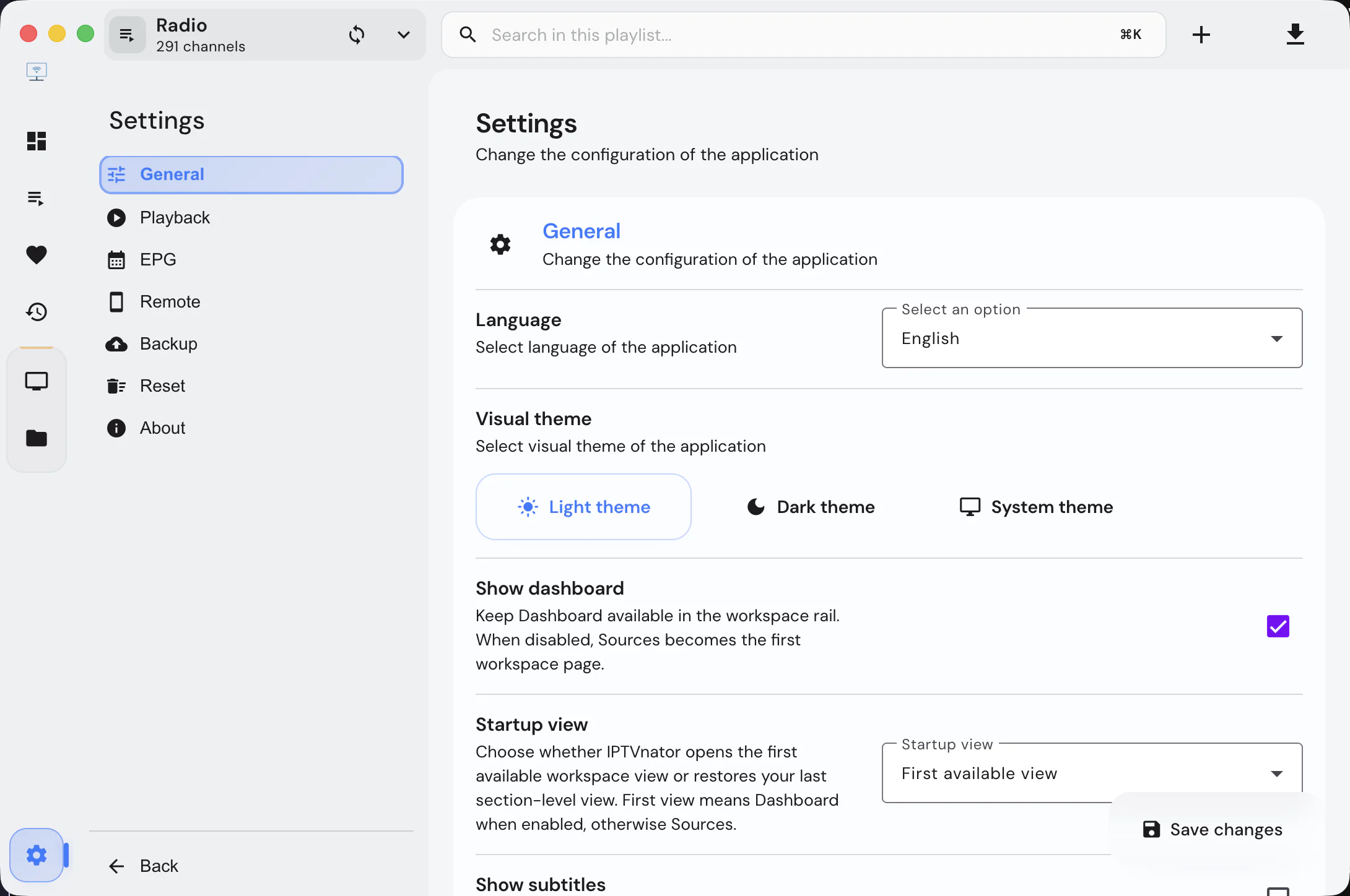 Light theme settings screen