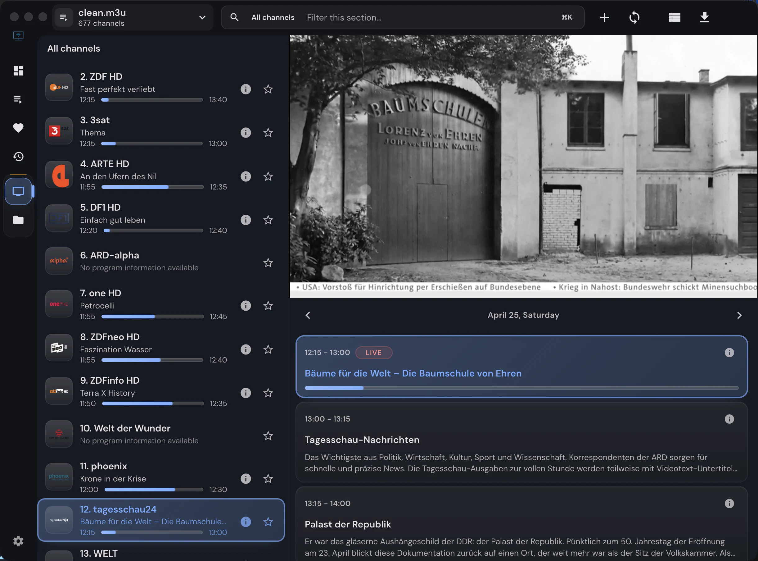 IPTVnator desktop app: channel list, live player, and EPG guide in the dark theme
