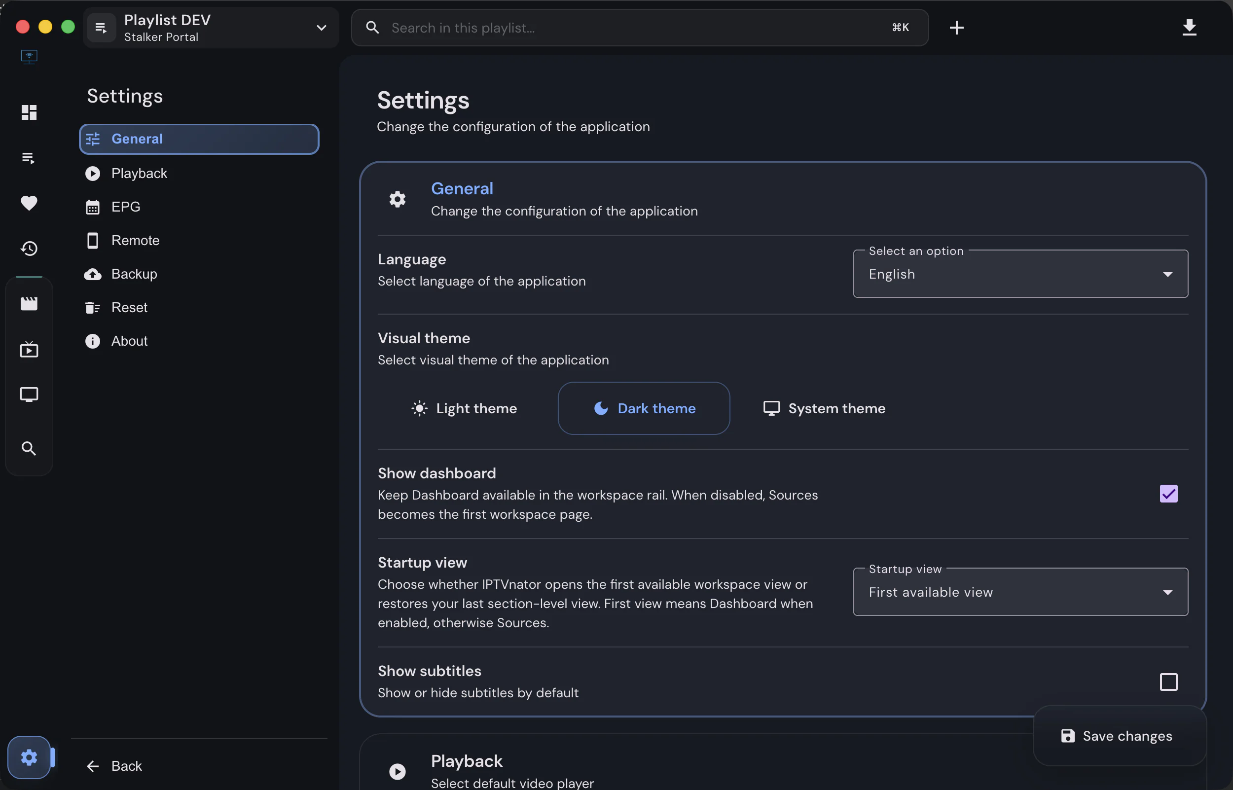 Application settings in the dark theme