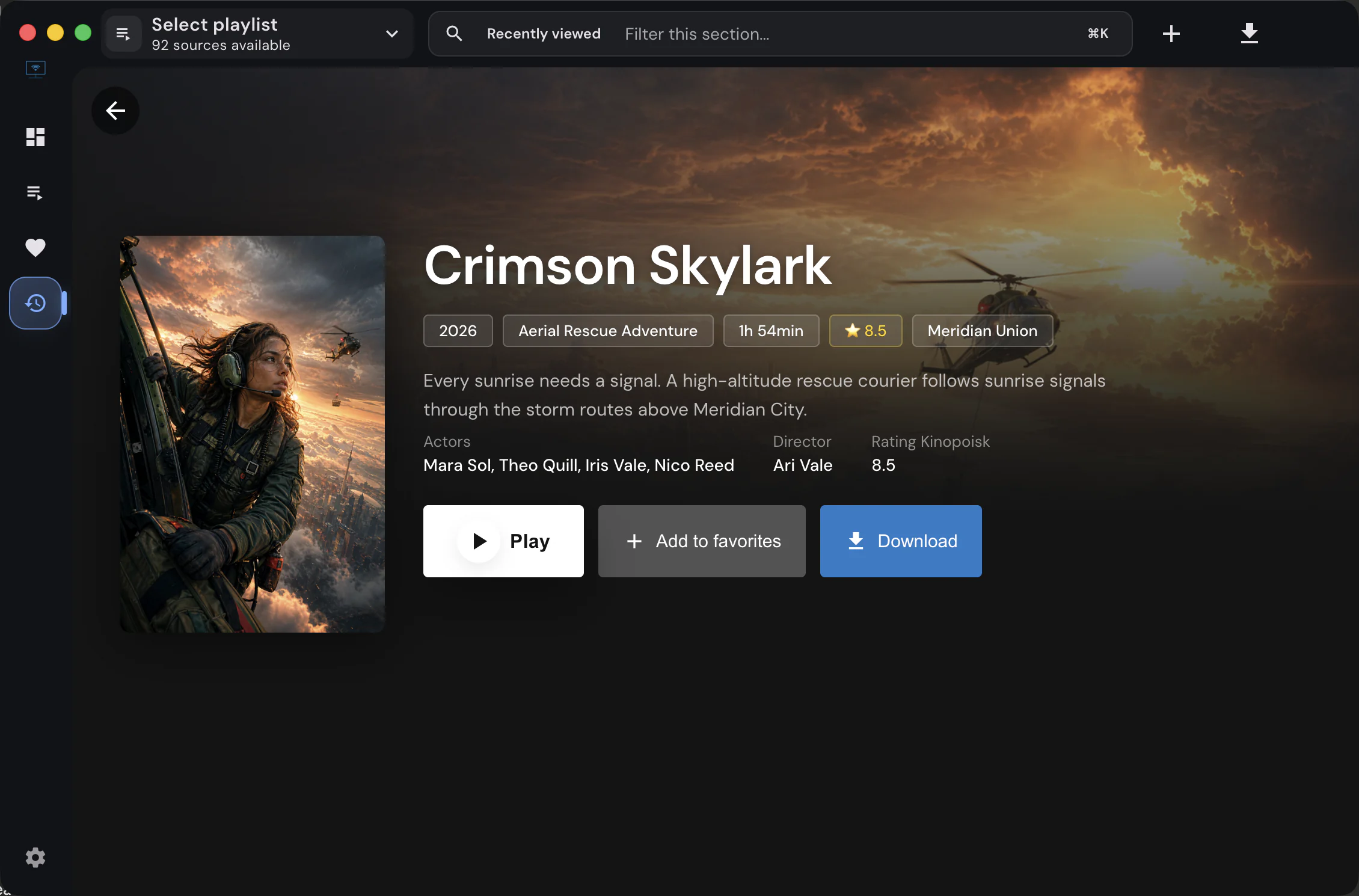 Movie detail page with poster, cast and play button