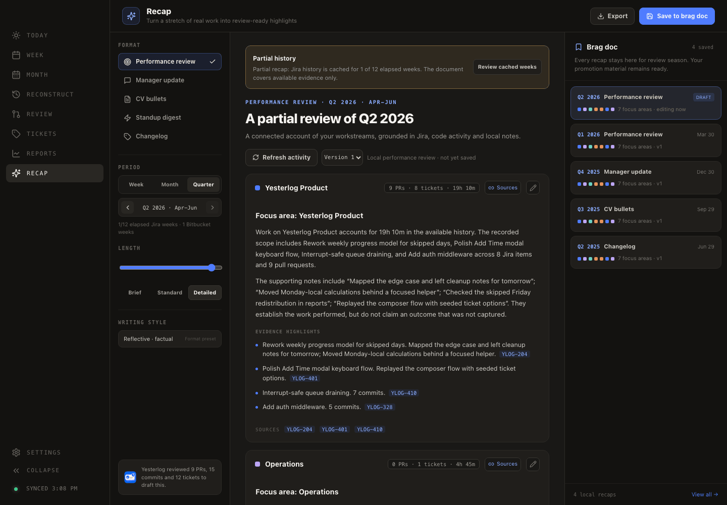 Yesterlog Recap workspace