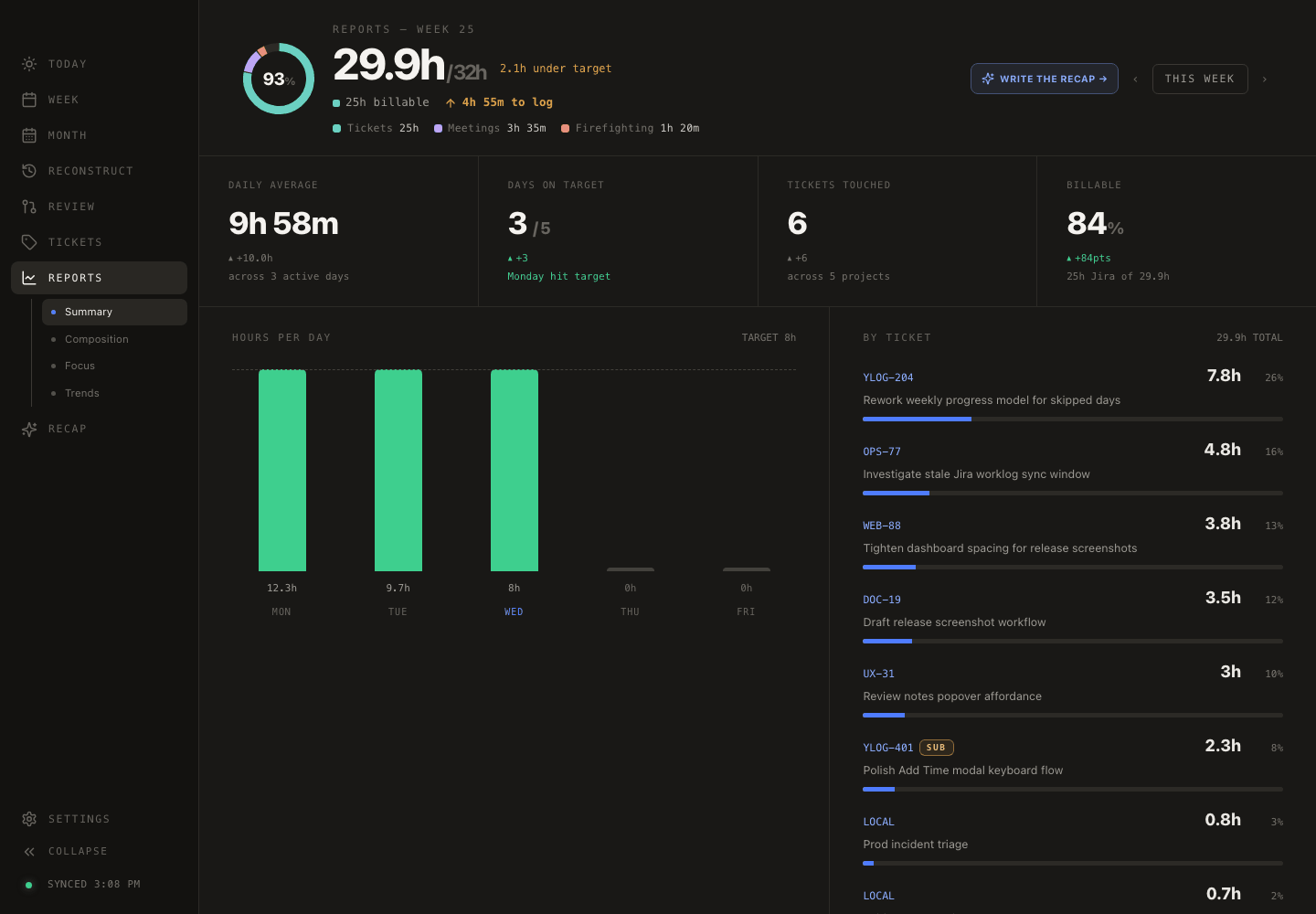 Yesterlog Reports view