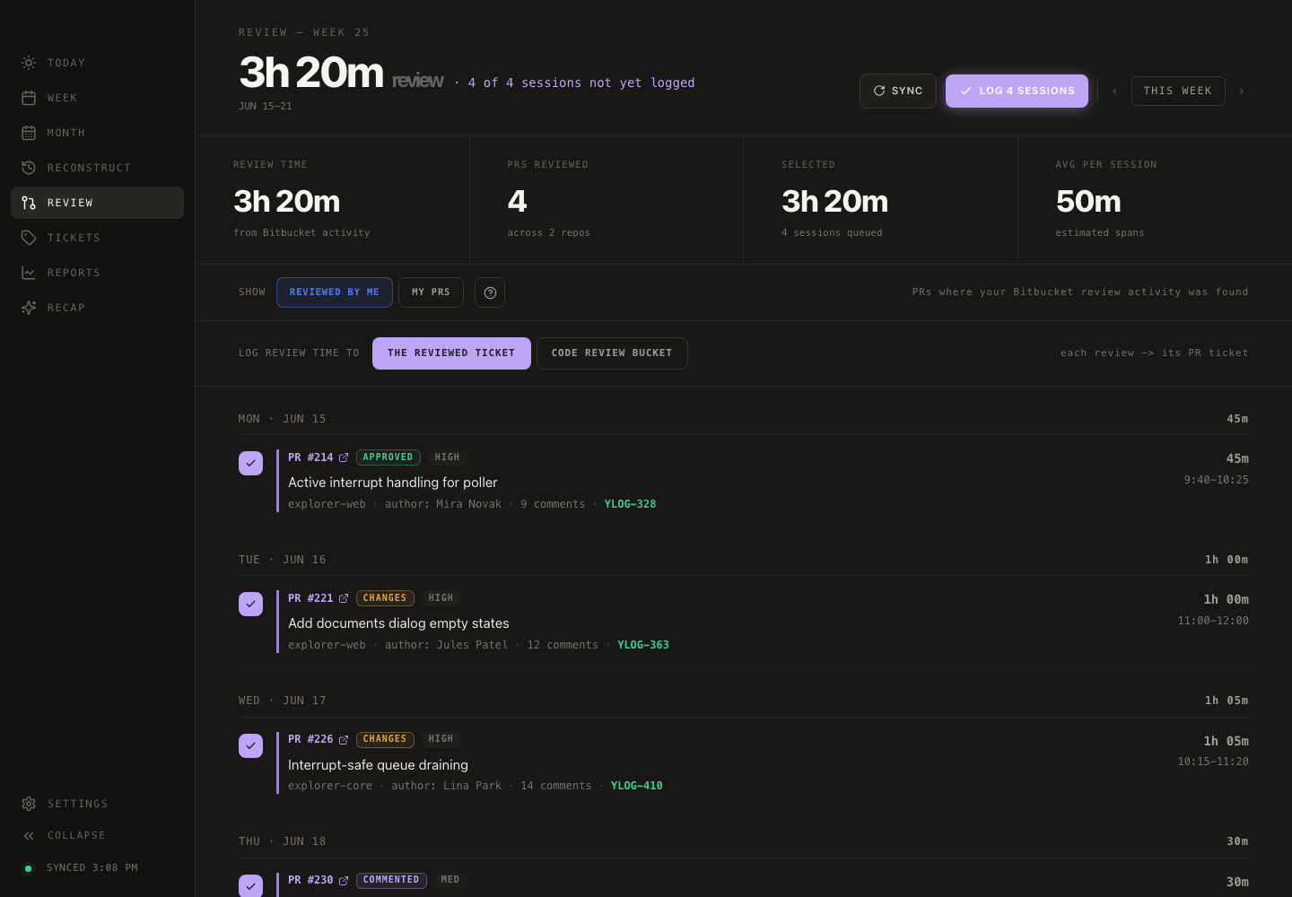Yesterlog Review view
