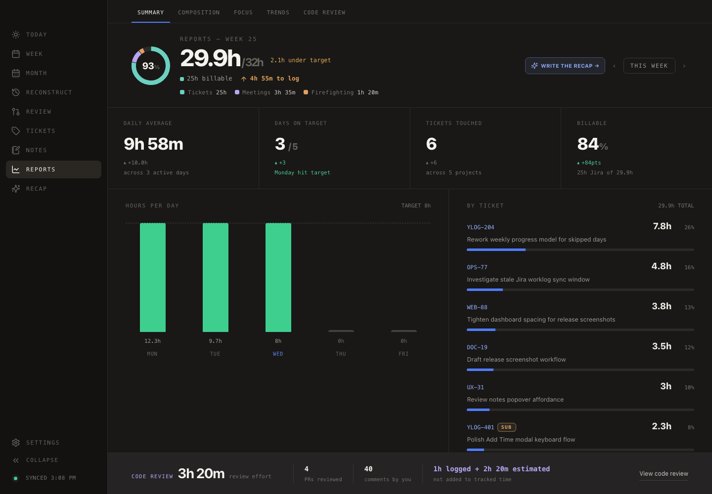 Yesterlog Reports view