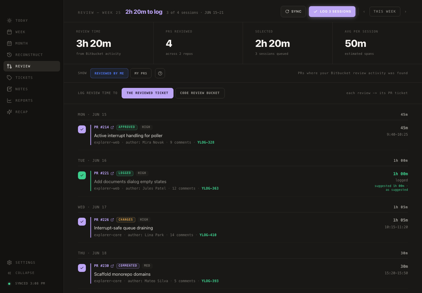 Yesterlog Review view